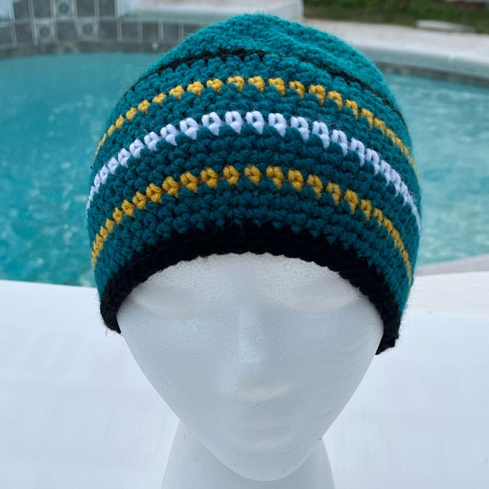 JAGUAR Handmade Crotched Beanie Adult/Unisex Teal,Black,White & Gold ONE SZ/ New